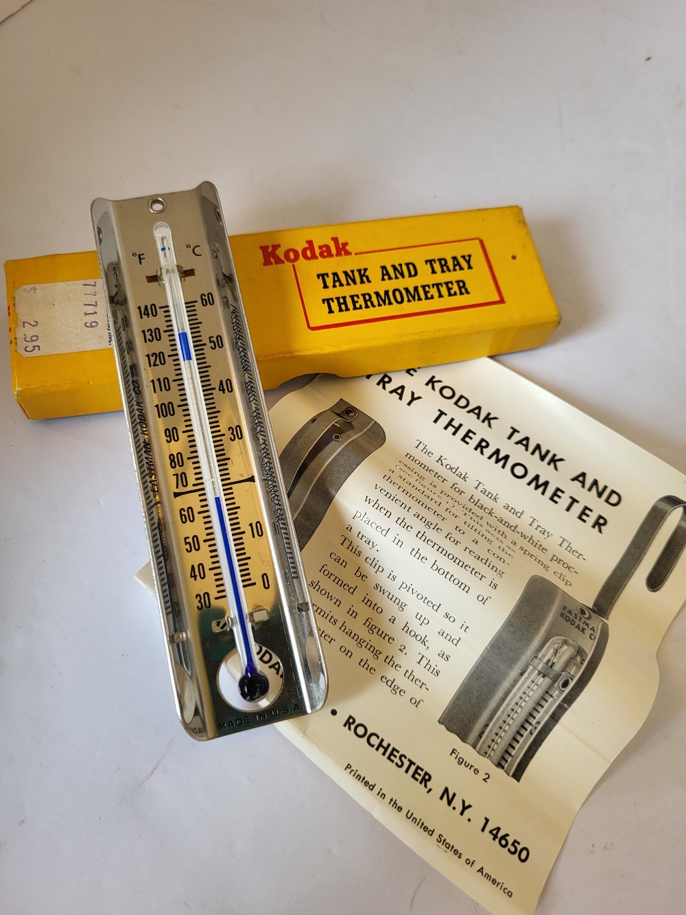 Vintage Kodak Tank and Tray Thermometer -  New In Original Yellow Box